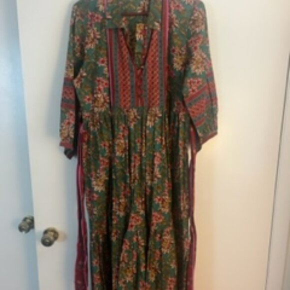 Multi-color Patterned Cotton Midi Dress with Removable Belt - Picture 2 of 3